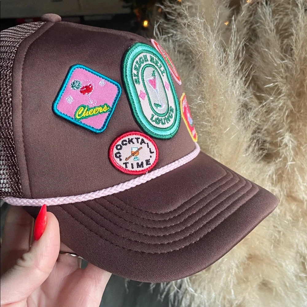 Anthropologie Christmas trucker hat embroidered patches OSFM